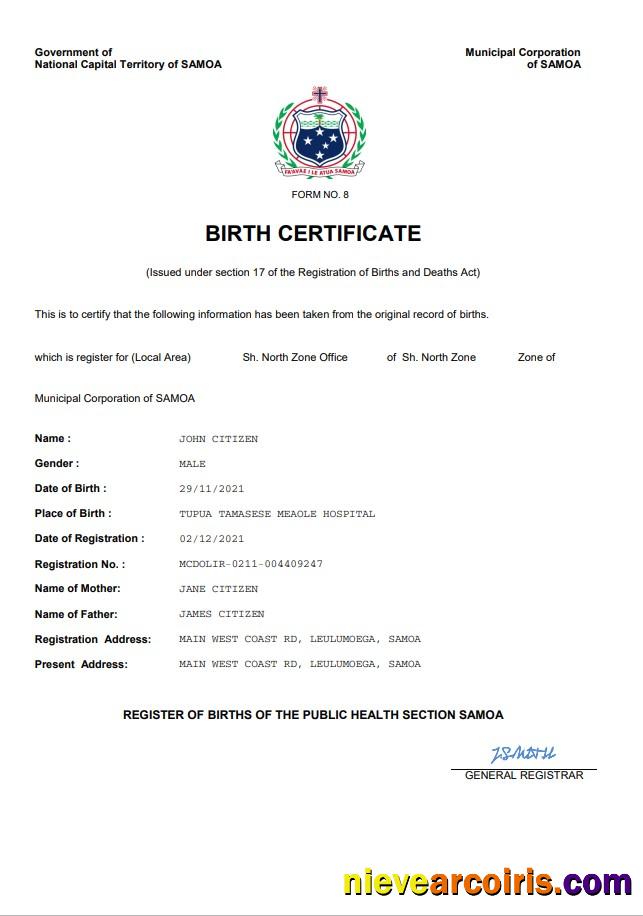 Samoa vital record birth certificate